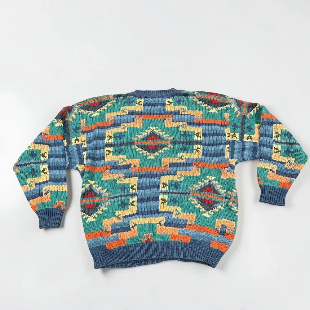 Vtg 90s Southwestern Aztec Grandpa Knit Button Front Cardigan Sweater Mens XL